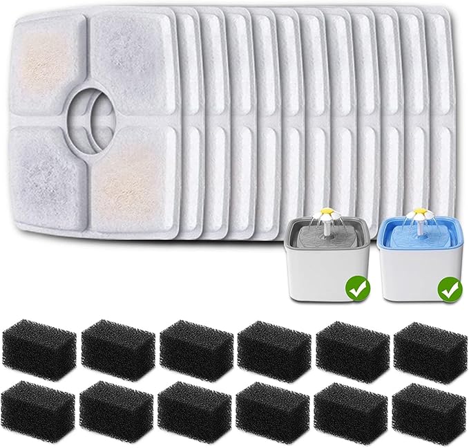 12 Pack Replacement Filters & 12 Pack Pre-Filter Sponges for Veken 84 oz / 2.5L Automatic Pet Water Fountain, Triple Filtration Cat Fountain Replacement Filter