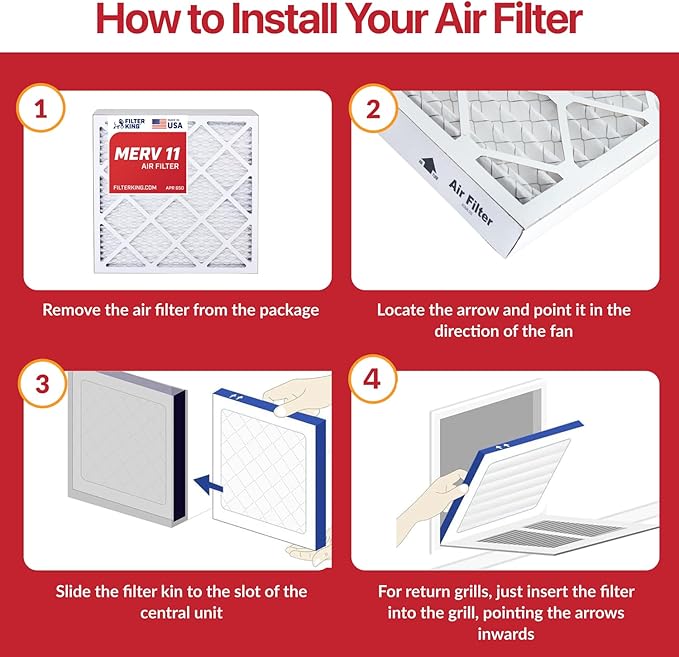 Filter King 12x12x1 Air Filter (MERV 11) (6-Pack) Dust & Allergy Control AC Furnace Filters, MADE IN USA, HVAC, Pleated, Electrostatic (Actual Size: 11.5 x 11.5 x .75)