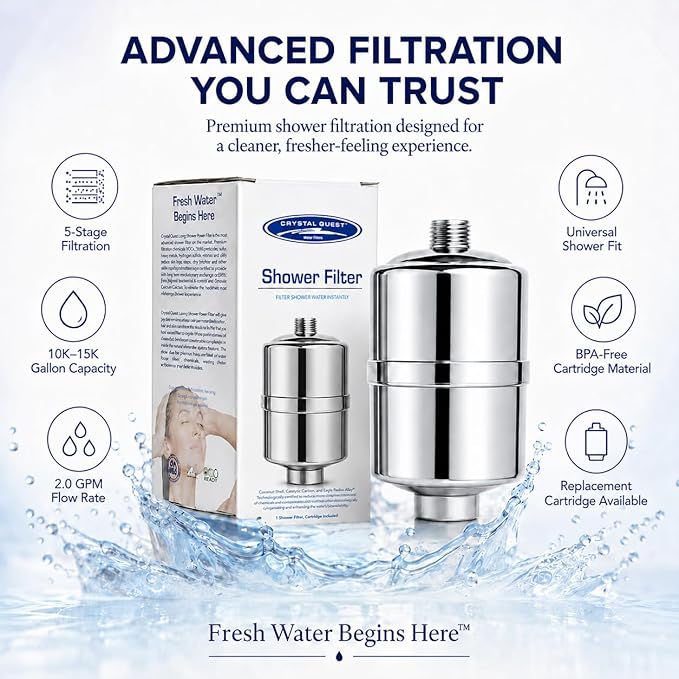 Crystal Quest Shower Filter, Shower Head Filter for Hard Water, Shower Water Filter Removes Chlorine, Chloramines & VOCs, Filter Shower Head, Improves Skin & Hair, Long-Lasting - ISO Certified, Chrome