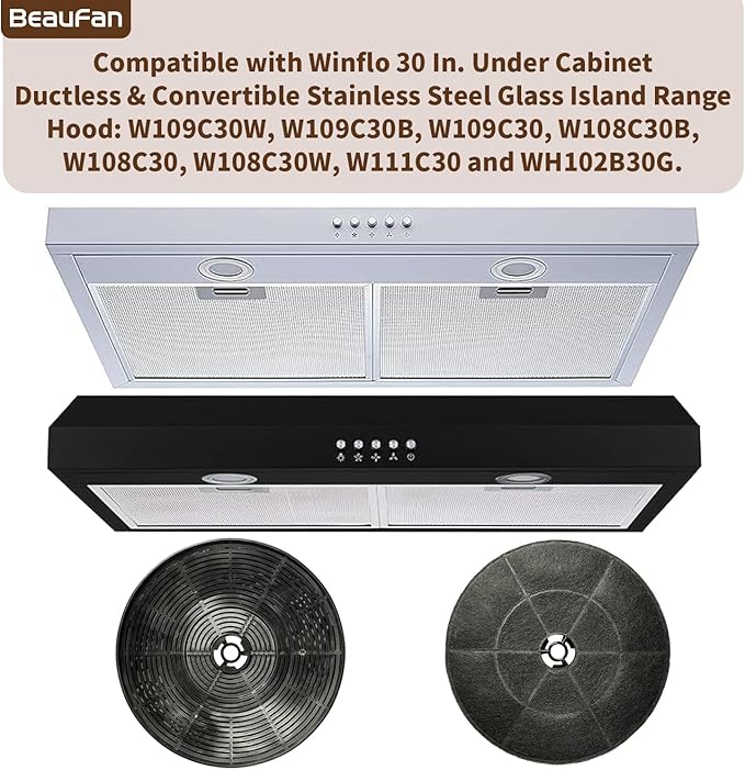 4 ‎WRHF004S2 Carbon Charcoal Filters Compatible with Winflo 30 In. Convertible Under Cabinet Ductless/Stainless Steel Glass Island Range Hood
