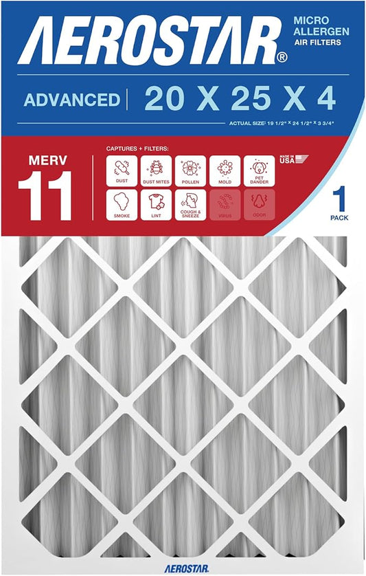 Aerostar 20x25x4 MERV 11 Pleated Replacement Air Filter for Honeywell FC100A1037, 1 Pack (Actual Size: 20" x 24 3/4" x 4 3/8")