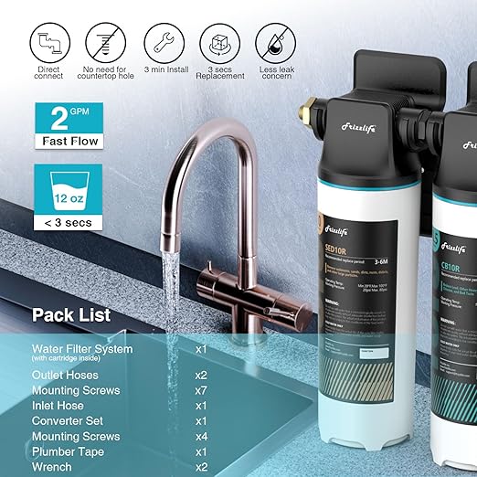Frizzlife DW10 Under Sink Water Filter System, NSF/ANSI 53&42 Certified Elements, Reduces 99.99% Lead, Chlorine, Fluoride, Bad Taste & Odor, Direct Connect, 0.5 Micron, USA Tech