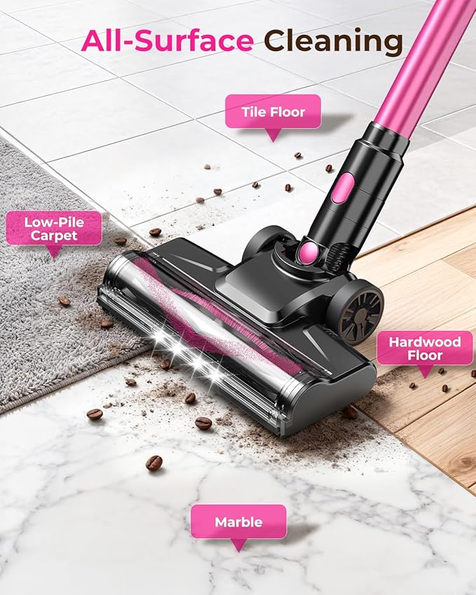 UML0 N8 Cordless Vacuum Cleaner,Lightweight Stick Vacuum with Powerful Suction,2200mAh Battery,40 Mins Runtime, Self-Standing,Rechargeable Vacuum Cleaners for Home Hardwood Floor Pet Hair (Blush)