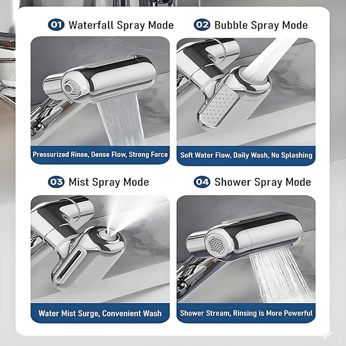 1080°Rotating Faucet Extender With Upward Facial Mist,4 Water Modes & Filter,Swivel Faucet Extender for Bathroom Kitchen,Multifunctional Universal Robotic Arm -Wash Face/Hand/Hair (Silver-1PCS)