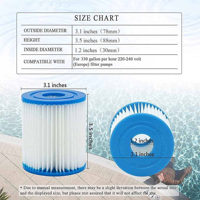 Type I Pool Filter Cartridge, 58093 Replacement Filter Cartridge for 300/330 Gal/H Filter Pump, for Summer Waves Above Ground Pool Pump (8 Pcs)