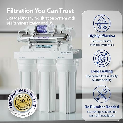 APEC Water WQA Certified 7-Stage Reverse Osmosis Drinking Water Filter System with Alkaline Mineral pH+ Remineralization and UV Water Filter, Ultra Safe Removes 1K+ Impurities, Brushed Nickel, 75 GPD