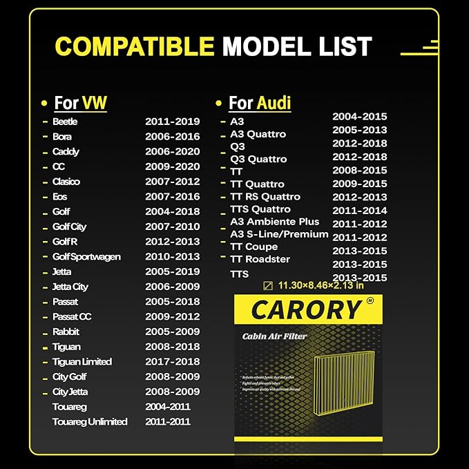 CARORY Cabin Air Filter w/Activated Carbon for VW Golf 2004-2018, Jetta 2005-2019, Tiguan 2008-2017 & Tiguan Limited 2018, Passat 2005-2018, CC 2009-2020, Audi A3 2004-2015 and More
