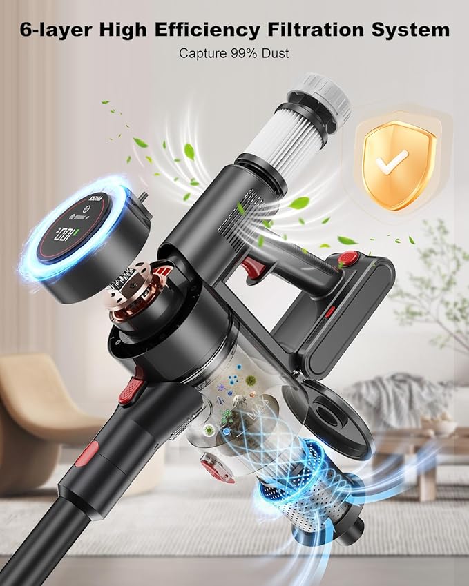 Cordless Vacuum Cleaner, Stick Vacuum Rechargeable, 550W 45KPA Powerful Suction Lightweight Vacuum Cleaners for Home, Anti-Tangle, Self Standing for Pet Hair Hardwood Floor Carpet - Sliver