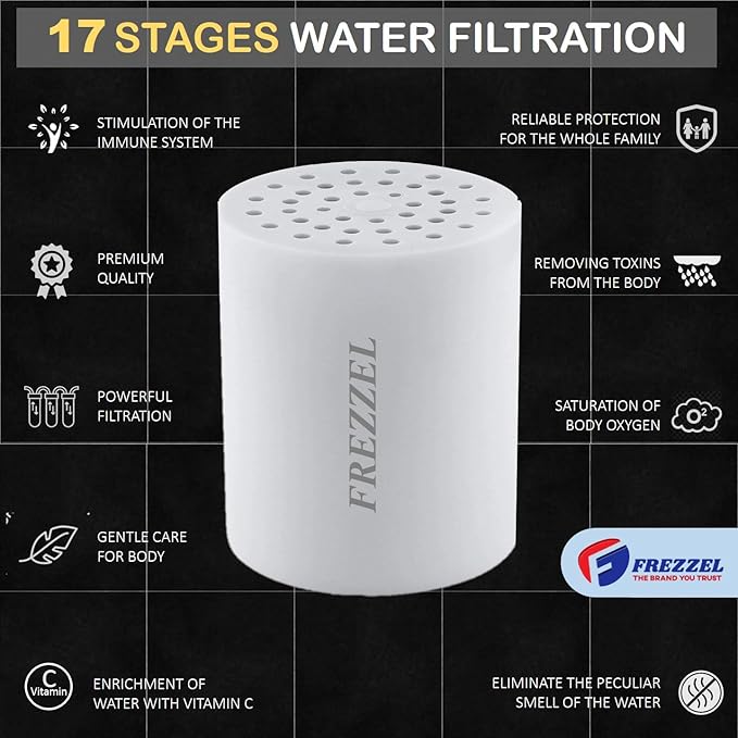 Pack of 2 FREZZEL Shower Filter Replacement Cartridges | Universal 17 Stage Shower Head Filter Refill for Showerhead Filter of Similar Design Hard Water Filter for Shower with Vitamin C Blocks Toxins