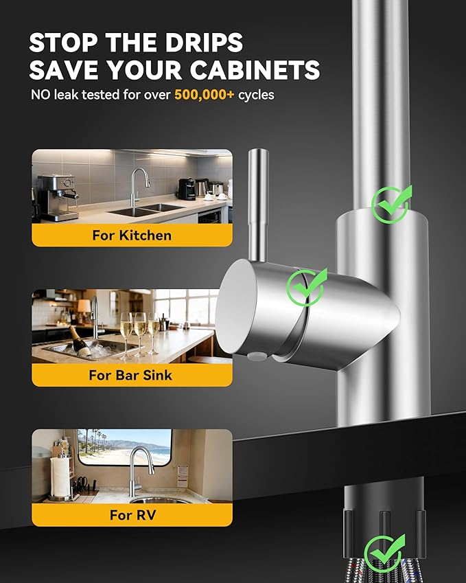 Hiqufet Kitchen Faucet with Pull Down Sprayer, Single Handle High Arc Kitchen Sink Faucet, Lead-Free Stainless Steel Modern Rv Bar Sink Faucets (Brushed Nickel)