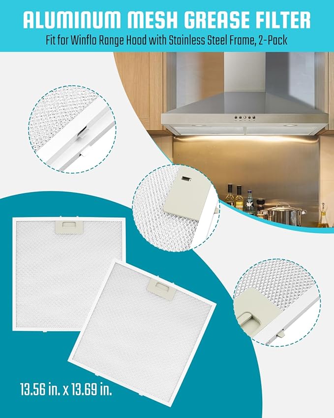 2 Pack 13.56 in. x 13.69 in. Aluminum Mesh Grease Filter Fit for Winflo Range Hood with Stainless Steel Frame Replace MSH1313