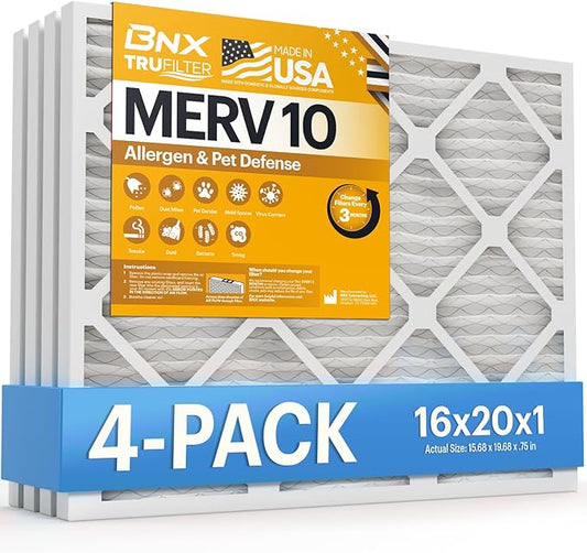 BNX TruFilter 16x20x1 MERV 10 (4-Pack) AC Furnace Air Filter - MADE IN USA - Pleated Air Conditioner HVAC AC Furnace Filters - Removes Odor, Mold, Bacteria, Smoke