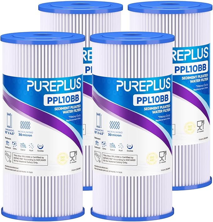 PUREPLUS 30 Micron 10" x 4.5" Whole House Pleated Sediment Filter for Well Water, Replacement Cartridge for GE FXHSC, Culligan R50-BBSA, Pentek R50-BB, DuPont WFHDC3001, W50PEHD, GXWH40L, 4Pack