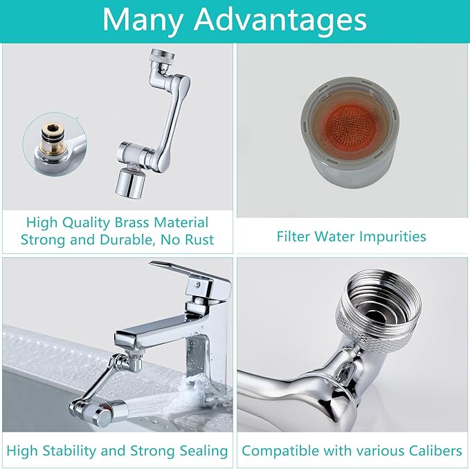 1080°Swivel Faucet Extender with Filter, Sink Water Faucet Aerator Extension in Brass, Swivel Robotic Arm Bathroom Faucet Extender, Rotating Extension with 2 Mode Splash