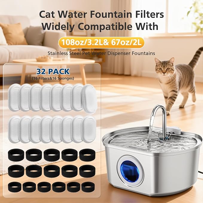 32 Pack Cat Water Fountain Filters for 108/3.2L& 67oz/2L& 4L/135oz Stainless Steel Pet Water Dispenser Cat/Dog Fountain Filter Replacement(16 Filters & 16 Sponges)