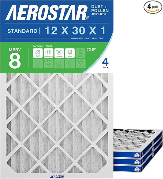 Aerostar 12x30x1 MERV 8 Pleated Air Filter, 4 Pack, AC Furnace Filters, HVAC Filter, Air Conditioner Filters, Heater Filters Replacement for Home (Actual Size: 11.75x29.75x0.75)