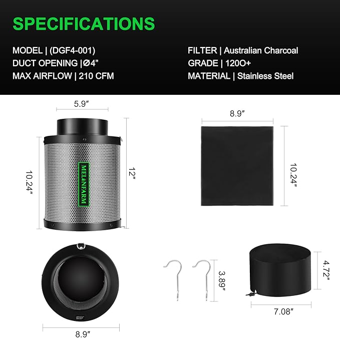 6" Air Carbon Filter Smelliness Control with Australia Virgin Charcoal, Odor Removal Carbon Filter for Grow Tent, Inline Fan, Hydroponics, Pre-Filter Included, Insulated Flange 6" x 11.8"