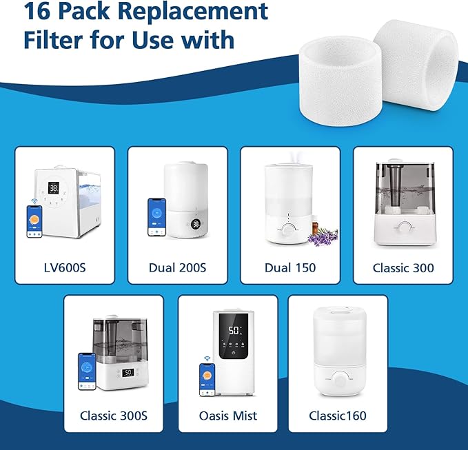 16-Pack Top Fill Humidifier Replacement Filters for LEVOIT Classic160, Dual150, Dual200S, Classic300(S), LV600S, OasisMist450S, Superior 6000S Humidifiers