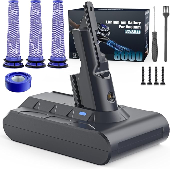 8000mAh Rechargeable Replacement Battery for Dyson V7 Series Vacuum Cleaners, Providing 32 Minutes of Runtime in Standard Mode, Installs in Just 3 Minutes, Includes 3 Pre Filter and 1 Post Filter