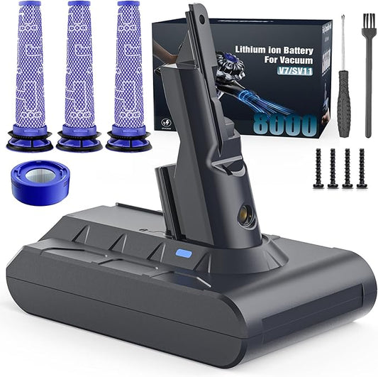 8000mAh Rechargeable Replacement Battery for Dyson V7 Series Vacuum Cleaners, Providing 32 Minutes of Runtime in Standard Mode, Installs in Just 3 Minutes, Includes 3 Pre Filter and 1 Post Filter