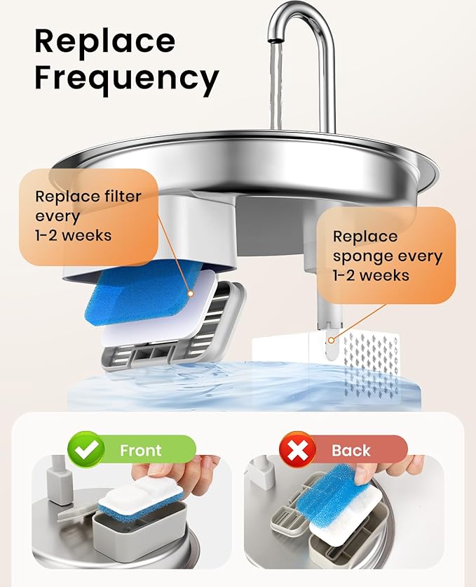 oneisall Cat Water Fountain Filters Replacement, 4 Pack for 67oz/2L Stainless Steel Fountain, Easy to Install and Clean