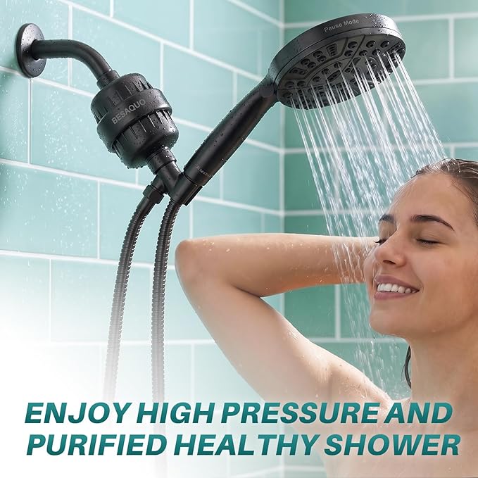 BESAQUO Shower Filter Head for Hard Water, Remove Chlorine, Heavy Metals, for Softer Skin, Shinier Hair and Stronger nails, with 20 Filtration Stages (Matte Black)