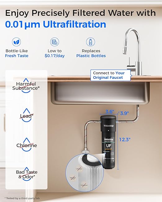 Waterdrop 10UA-UF 0.01 μm Ultra Filtration Under Sink Water Filter System, 1 Year, Reduces Lead, Chlorine, Bad Taste & Odor, Connects Directly to Your Faucet