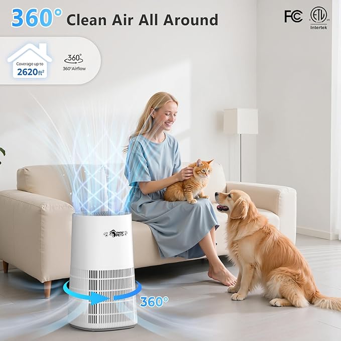 Ownpets Pet Air Purifier for Large Room Up to 2620 ft², H13 HEPA Washable Filter, Pet Odor Hair Dander Removal, Quiet Air Cleaner with Air Quality Monitor
