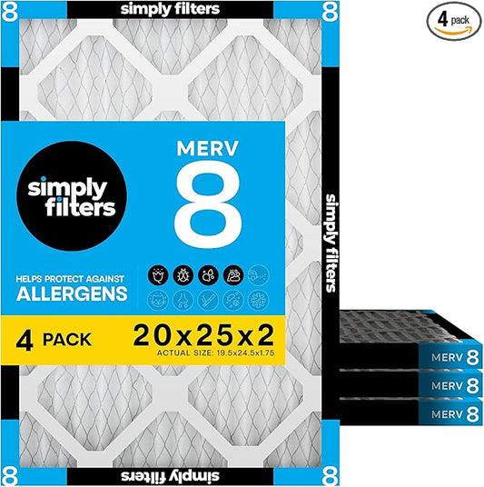 Simply 20x25x2 Air Filter, MERV 8, 4 Pack, Furnace Air Filter for HVAC (Actual Size: 19.5"x24.5"x1.75") DUST, Pet & Allergy Control