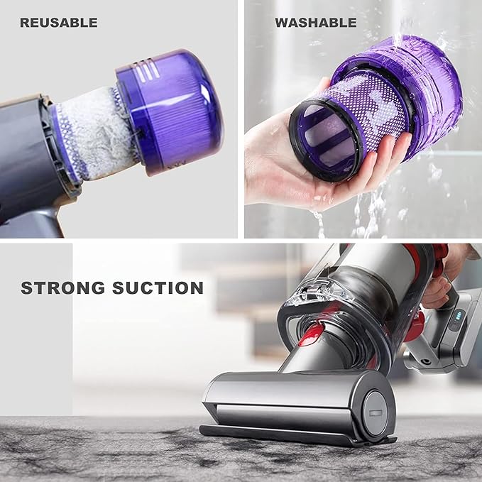 Replacement Filters Compatible with Dyson V10, 3-Pack Washable & Reusable for V10 Cyclone Animal Absolute Total Clean SV12, Part 969082-01, High Suction Performance for Pet Hair & Dust