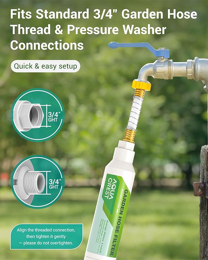 AQUA CREST Garden Hose Water Filter for Plants, Greatly Reduces Chlorine, Odor, Improve Plants Health, Ideal for Organic Gardening, Farming and Pets, 6 Pack with 2 Hose Protector