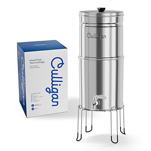 Culligan MaxClear 2.25 Gallon Gravity Water Filter System Removes Microplastics, PFAS & Lead, NSF/ANSI Certified, Polished Stainless-Steel Countertop Filter with 4 Ceramic Filters
