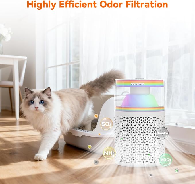 AIRROMI Pet Air Purifier for Home & Bedroom, HEPA Activated Carbon Filter, Removes Pet Dander & Odor, Allergies, Smoke, Hair, Night Light, Fragrance Sponge, Up to 658 ft², A2002 Rainbow