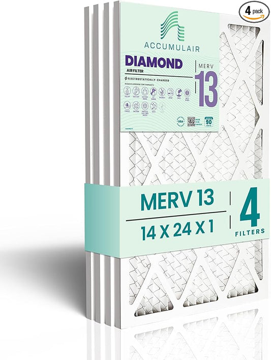 Accumulair Diamond 14x24x1 MERV 13 HVAC Air Filter (4-Pack) | Replacement Air Filter for AC and Furnace | Made in USA | Actual Size 13.75 x 23.75 x 0.75