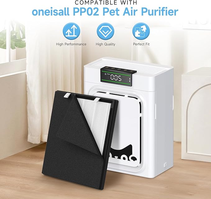 PP02 Replacement Filter Compatible with oneisall PP02 Pet Air Purifier, Double-Sided HEPA Filter for Pet Hair, Dander, Odor, 2 Pack with Washable Pre-Filters
