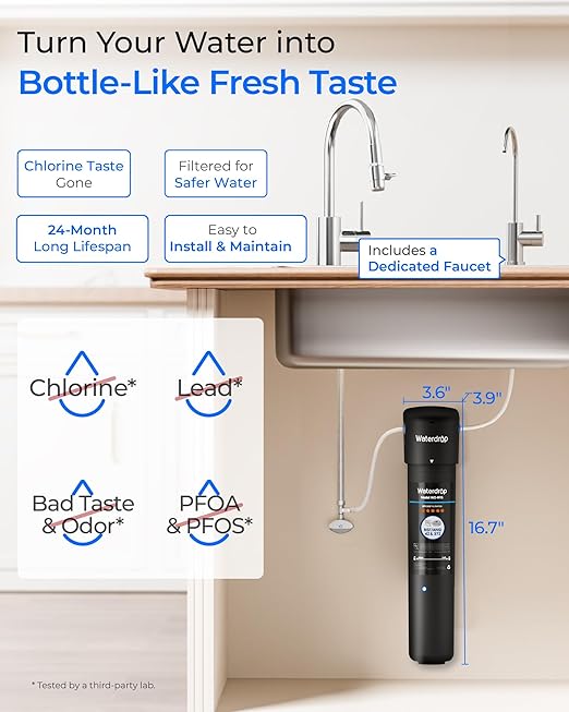 Waterdrop 15UB Under Sink Water Filter System, Reduces PFAS, PFOA/PFOS, Lead, Chlorine, Bad Taste & Odor, NSF/ANSI 42 Certified, Under Sink Water Filter with Faucet, 2 Years