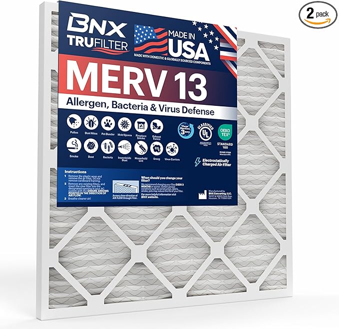 BNX TruFilter 20x24x1 Air Filter MERV 13 (2-Pack) - MADE IN USA - Electrostatic Pleated Air Conditioner HVAC AC Furnace Filters for Allergies, Pollen, Mold, Bacteria, Smoke, Allergen, MPR 1900 FPR 10
