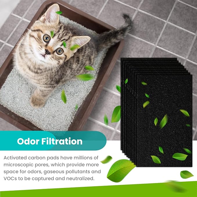 MEDUWEDU 10-Pack 4.5" x 6.5" Carbon Filter Pads for Covered Cat Litter Boxes – Odor Control Replacement Liners for Enclosed Litter Systems