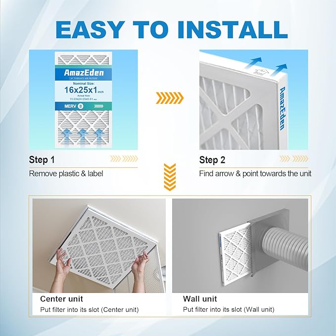 16x25x1 Air Filter MERV 8 (4-Pack) MPR 600 FPR 5 HVAC AC Furnace Pleated Filters Dust Defense Replacement for Home Office (Actual Size: 15.69x24.69x0.81 Inches)