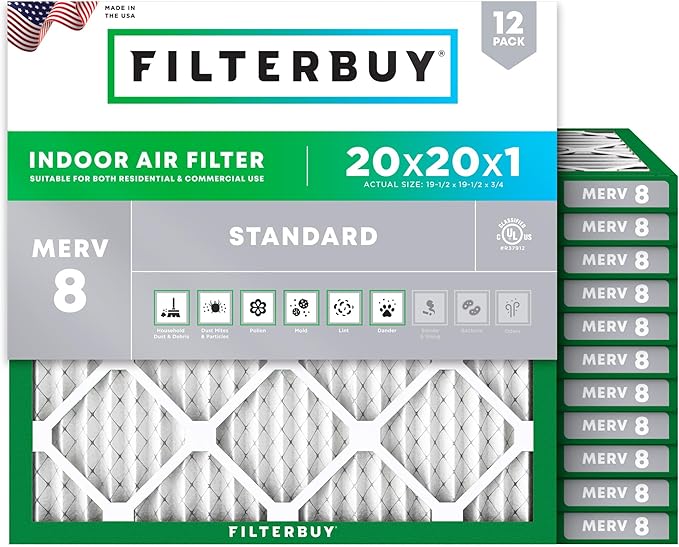 Filterbuy 20x20x1 Air Filter MERV 8 Essential Dust & Allergy Defense (12-Pack), Electrostatic Pleated HVAC AC Furnace Filters Replacement, Made in USA (Actual Size: 19.50 x 19.50 x 0.75)