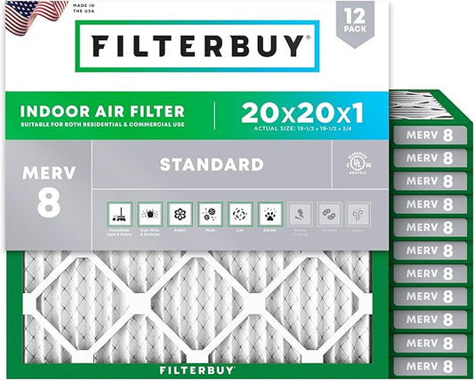 Filterbuy 20x20x1 Air Filter MERV 8 Essential Dust & Allergy Defense (12-Pack), Electrostatic Pleated HVAC AC Furnace Filters Replacement, Made in USA (Actual Size: 19.50 x 19.50 x 0.75)