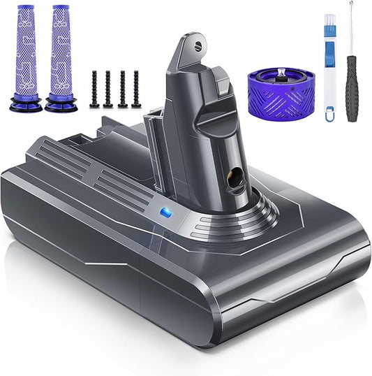 8000mAh Rechargeable Replacement Battery for Dyson V6 Series Vacuum Cleaners, Providing 26 Minutes of Runtime in Standard Mode, Installs in Just 3 Minutes, Includes 2 Pre Filter and 1 Post Filter
