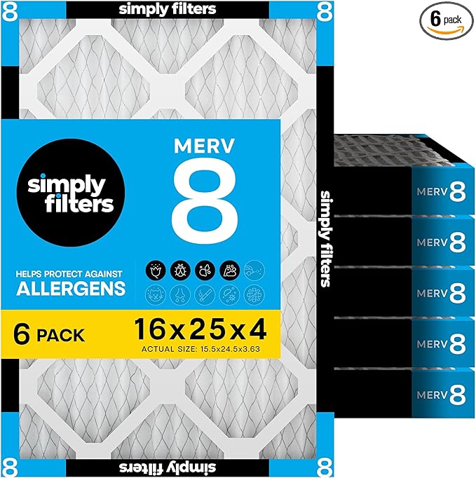 Simply 16x25x4 Air Filter MERV 8, 6 Pack, For Home AC Furnace & HVAC (Actual Size: 15.5"x24.5"x3.63") DUST Pet & Allergy Control,