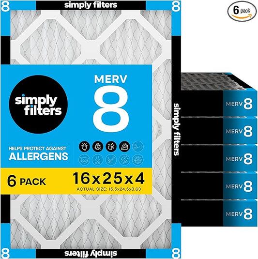 Simply 16x25x4 Air Filter MERV 8, 6 Pack, For Home AC Furnace & HVAC (Actual Size: 15.5"x24.5"x3.63") DUST Pet & Allergy Control,