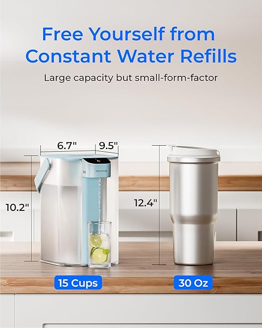 Waterdrop ED01LB Electric Water Filter Pitcher, Reduce 99.6% of Lead and 45+ Impurities, 15-Cup 200-Gallon Capacity, Rechargeable Dispenser, NSF/ANSI 42&53&401&372, Does not Lower TDS, Light Blue