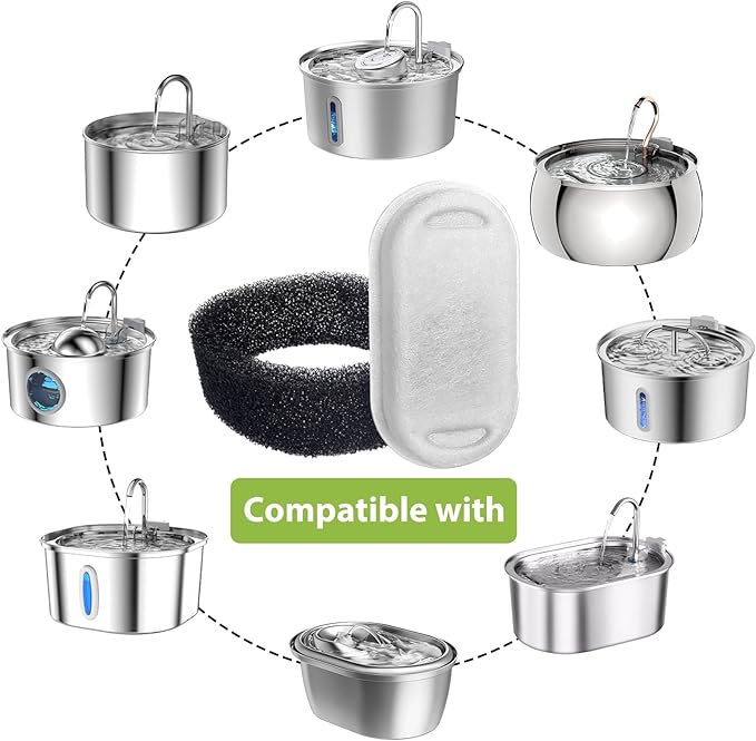 Cat Water Fountain Filters, 24 Pack Cat Fountain Filter Replacement for 67oz/2L & 108oz/3.2L Stainless Steel Pet Water Fountain, 12 Pack Pet Replacement Filters with 12 Sponges