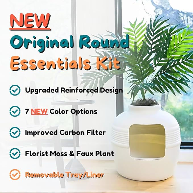 Good Pet Stuff Hidden Litter Box Planter, Decorative Cat Litter Enclosure with Carbon Filter & Faux Plant, Made in USA, Removable Liner, Odor Control, NEW Round Style, Essentials Kit, Classic White