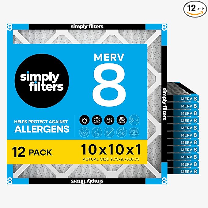 Simply 10x10x1 Air Filter, Merv 8, MPR 600, 12 Pack, Furnace Air Filter for HVAC (Actual Size: 9.75"x9.75"x0.75") DUST, Pet, & Allergy Control