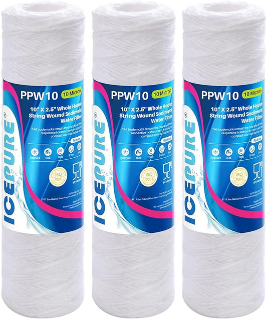 ICEPURE 10 Micron 10" x 2.5" String Wound Sediment Water Filter Cartridge for Well filter Universal Replacement for Any 10 inch RO Unit, WP-5, Aqua-Pure AP110 CFS110 Culligan P5 WFPFC4002 CW-MF, 3PACK