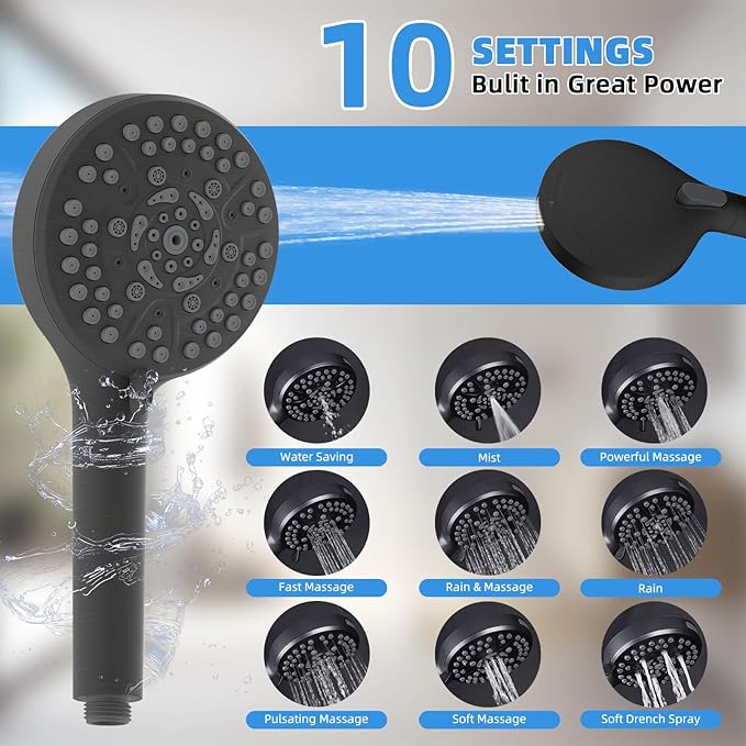 All Metal Shower Head, 8" High Pressure Rainfall/Handheld Shower Combo with 11" Extension Arm, 10-Spray Handheld Showerhead, 71" Long Hose, 3-Way Diverter Valve, Oil Rubbed Bronze
